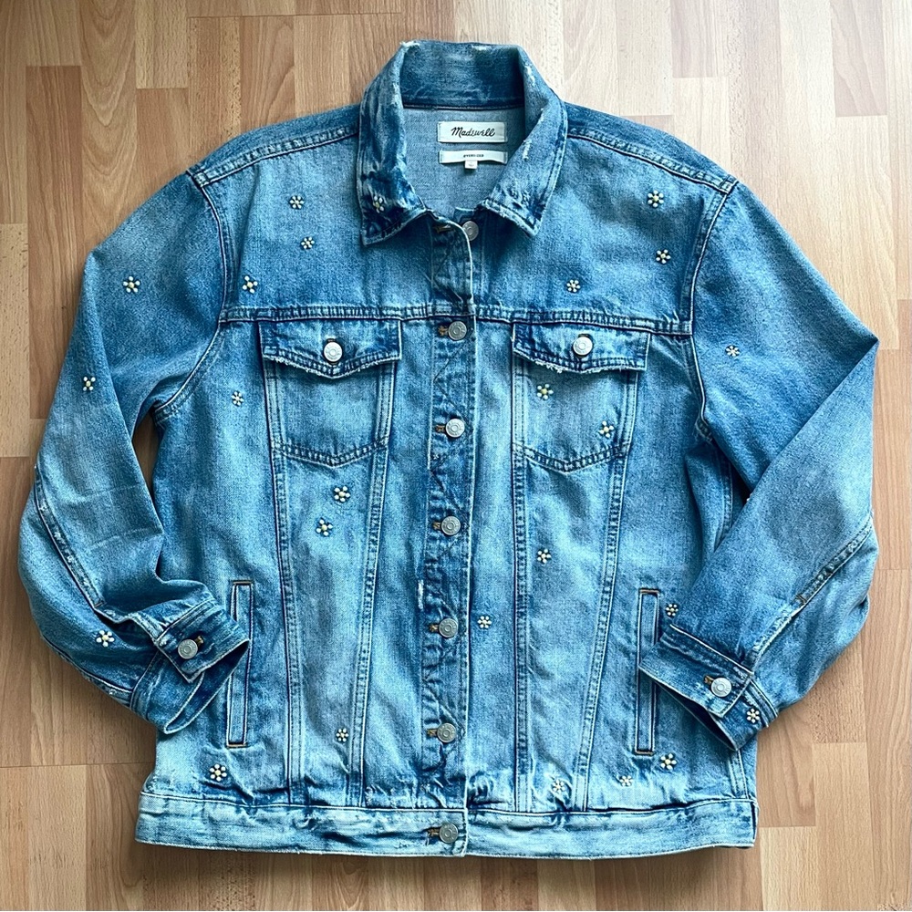 Madewell Oversized Denim Jean Jacket Daisy Embroidered Edition Large HTF Rare